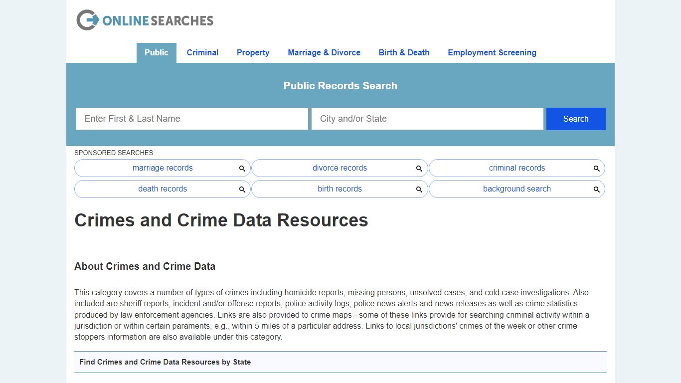 Crimes and Crime Data Search Directory - OnlineSearches.com